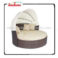 Round Retractable Wicker Rattan Daybed Sofa With Canopy